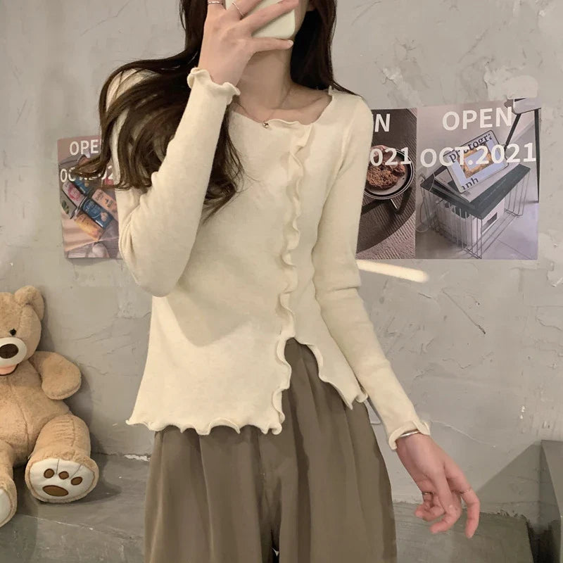 Aesthetic Irregular Ruffles Knit Crop Solid Long Sleeve Knit Top