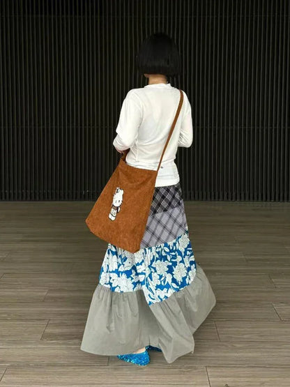 Y2K Blue Flower Patch Full Skirt Personalized Large Pocket Skirt