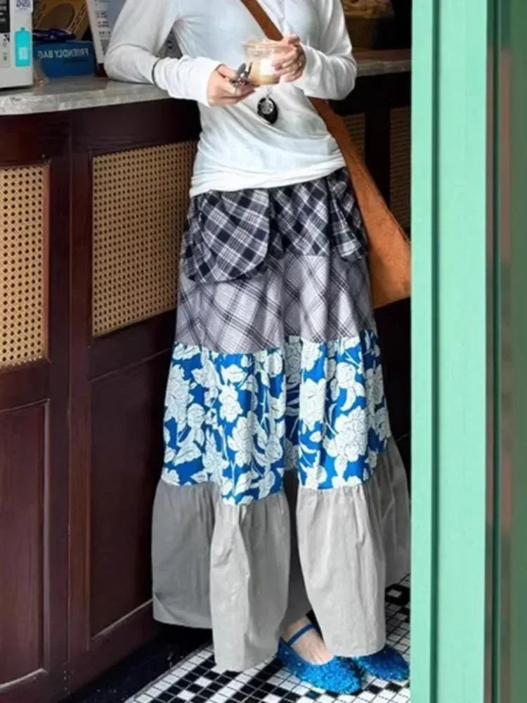 Y2K Blue Flower Patch Full Skirt Personalized Large Pocket Skirt