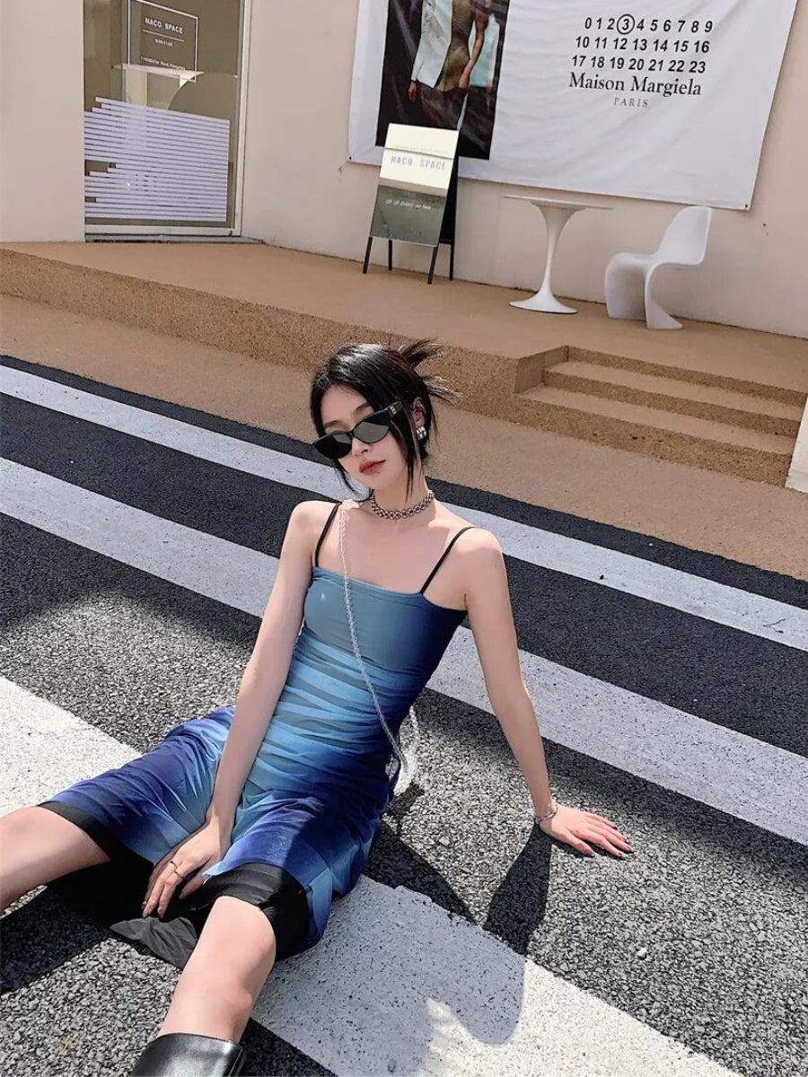 Ombre Mesh Overlay Spaghetti Strap Bodycon Midi Dress
