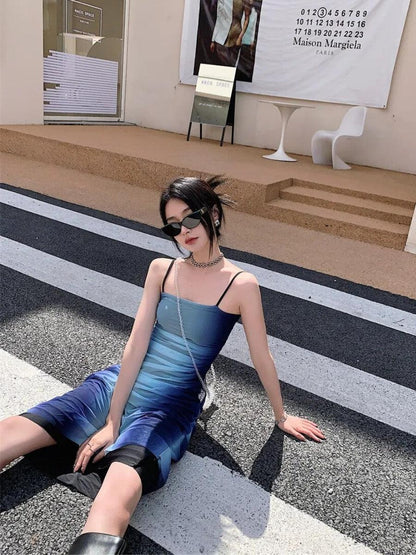 Ombre Mesh Overlay Spaghetti Strap Bodycon Midi Dress