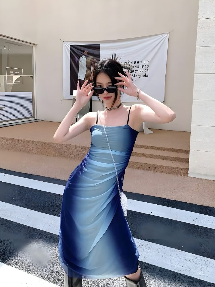 Ombre Mesh Overlay Spaghetti Strap Bodycon Midi Dress