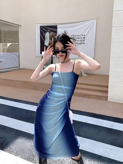 Ombre Mesh Overlay Spaghetti Strap Bodycon Midi Dress