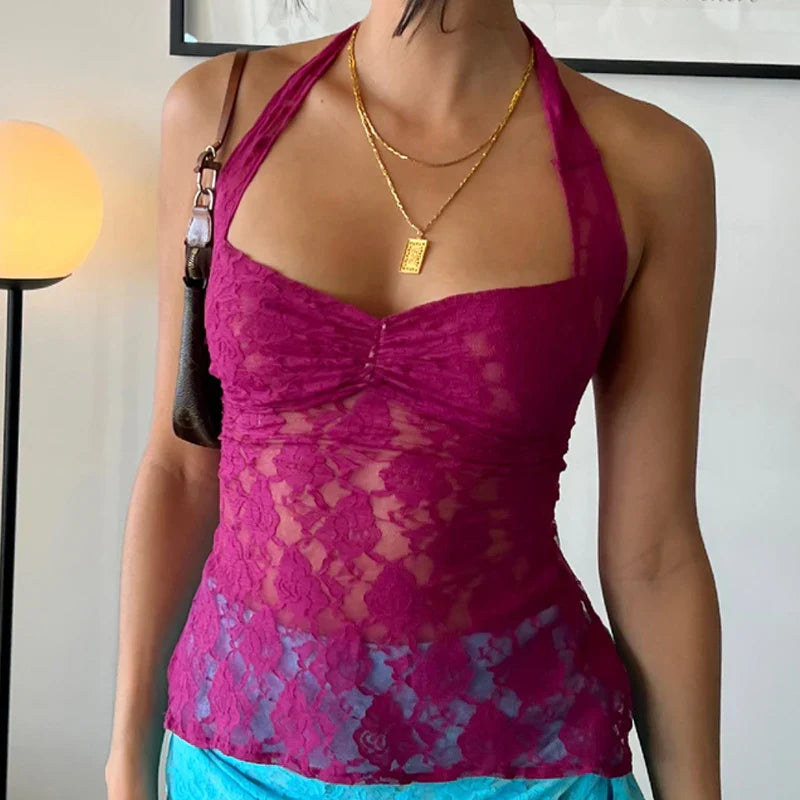 Floral Lace Mesh Sheer Backless Crop Top