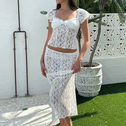 Floral Lace See-Through Short Sleeve Crop Top Long Skirt Two Pieces Set