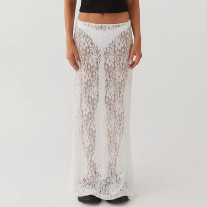 Floral Lace See-Through Short Sleeve Crop Top Long Skirt Two Pieces Set