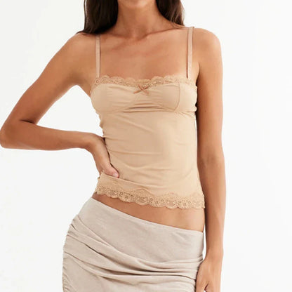 Lace Trim Spaghetti Strap Vintage Slim Crop Top