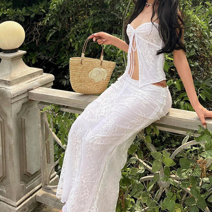 Floral Lace Front Tie-Up Crop Top Long Skirt Two Pieces Set