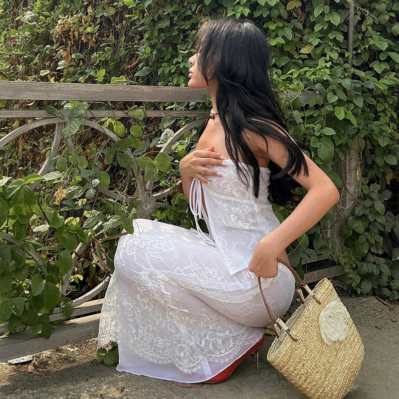 Floral Lace Front Tie-Up Crop Top Long Skirt Two Pieces Set