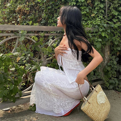 Floral Lace Front Tie-Up Crop Top Long Skirt Two Pieces Set