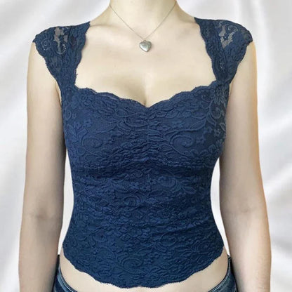 Blue Floral Lace Milkmaid Y2K Crop Top