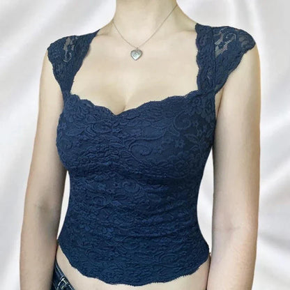 Blue Floral Lace Milkmaid Y2K Crop Top