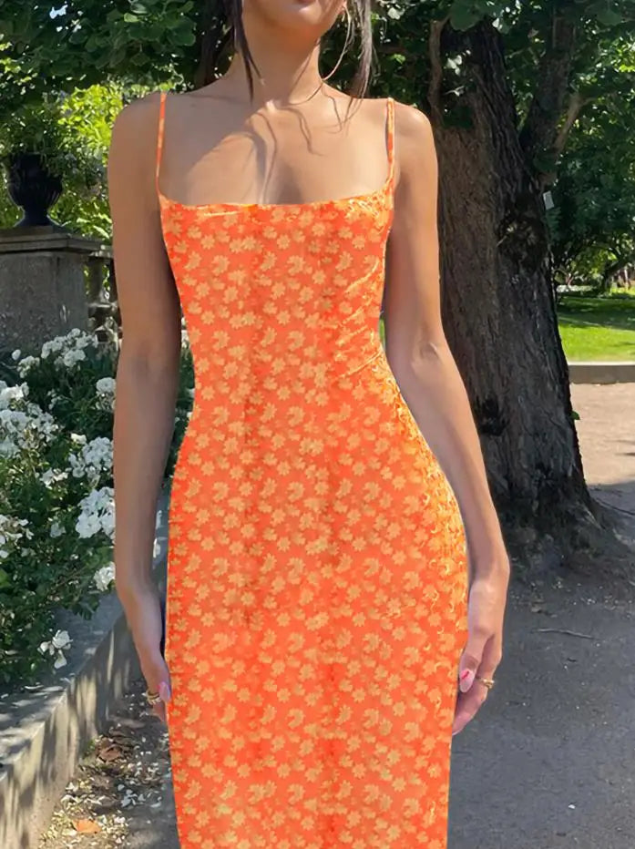 Y2K Floral Print Spaghetti Strap Backless Summer Floral Dress