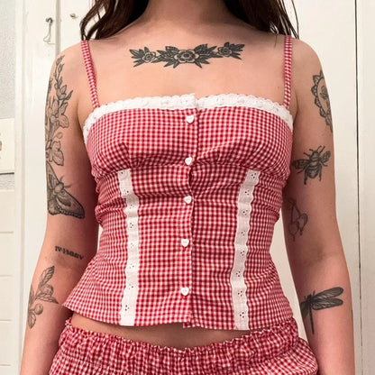 Gingham Lace Trim Crop Top