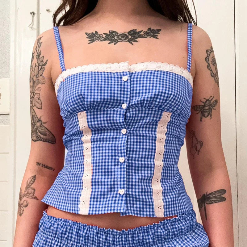 Gingham Lace Trim Crop Top