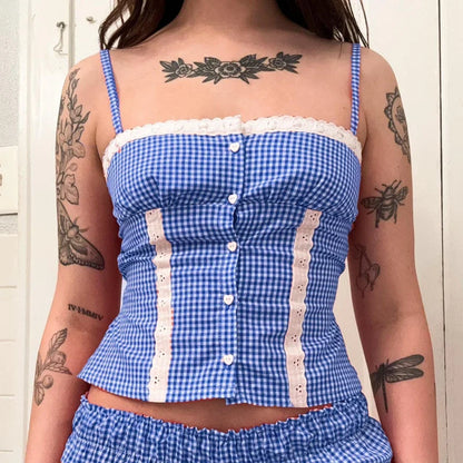 Gingham Lace Trim Crop Top