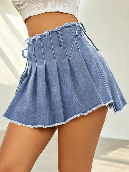 Frayed Edge Bow Tie Denim Skirt
