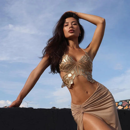 Butterfly Appliques Backless Bandage Halter Crop Top