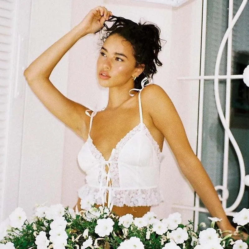 Sexy Deep V-neck Lace Ribbed White Crop Top