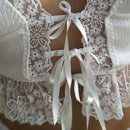 Sexy Deep V-neck Lace Ribbed White Crop Top