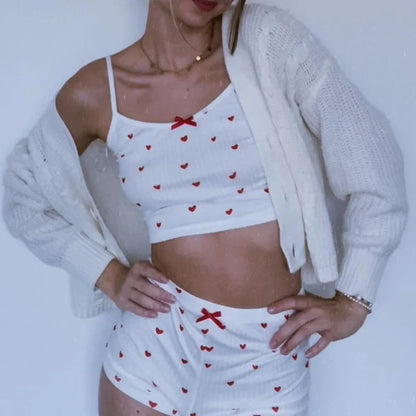 Heart Print Bow Trim Spaghetti Strap Camis Elastic Shorts Two Pieces Set