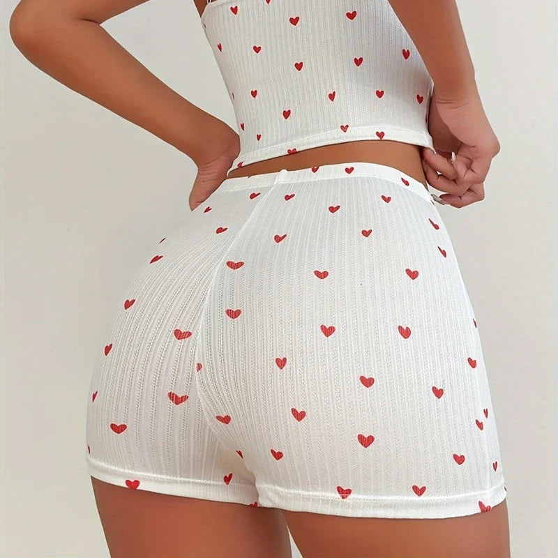 Heart Print Bow Trim Spaghetti Strap Camis Elastic Shorts Two Pieces Set