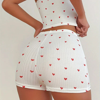 Heart Print Bow Trim Spaghetti Strap Camis Elastic Shorts Two Pieces Set