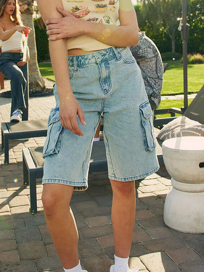 Loose Cargo Wide-Leg Denim Short