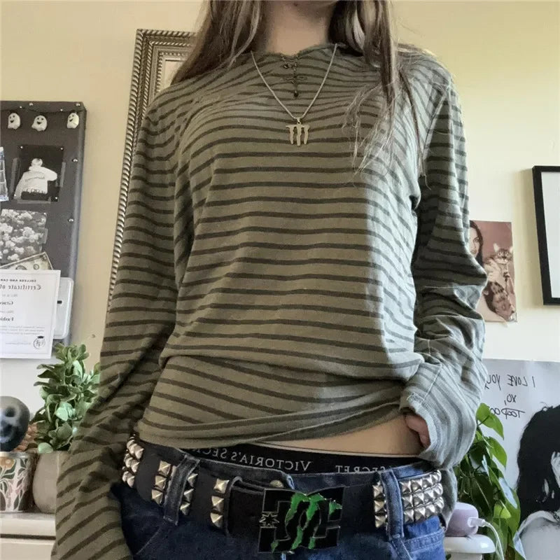 Y2K Teen Striped Long Sleeve Fairy Grunge Baggy Knit Top