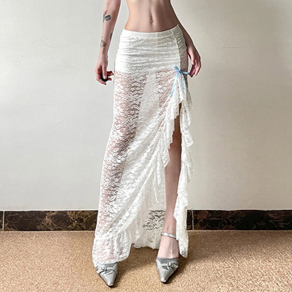 Y2K White Boho Floral Lace Low Waist Maxi Skirt