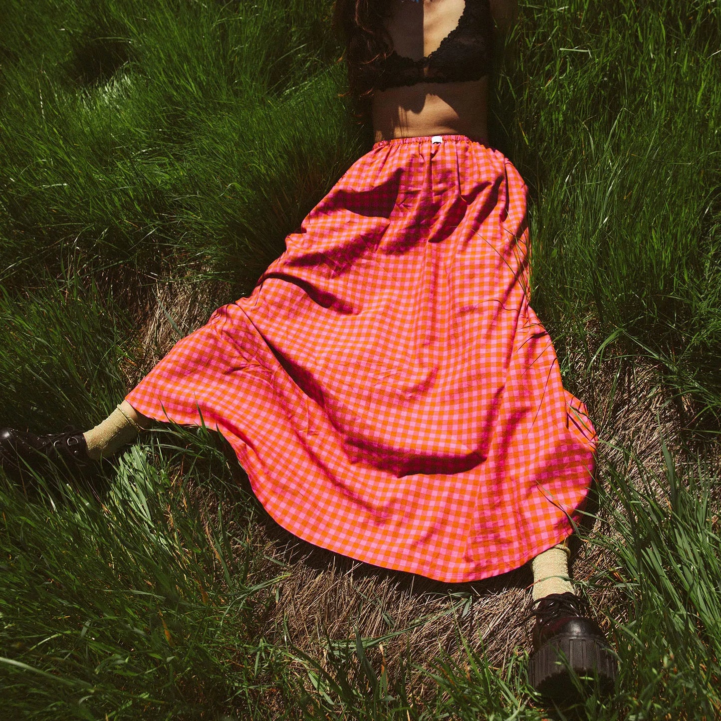 Gingham Ruffle Plaid Midi Skirt