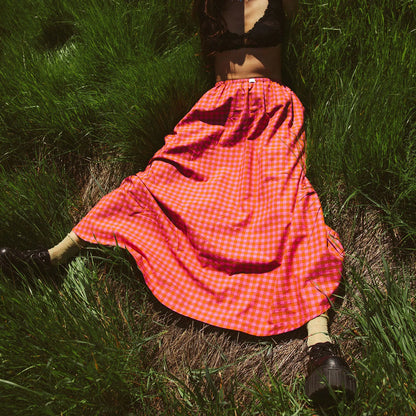 Gingham Ruffle Plaid Midi Skirt