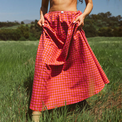 Gingham Ruffle Plaid Midi Skirt
