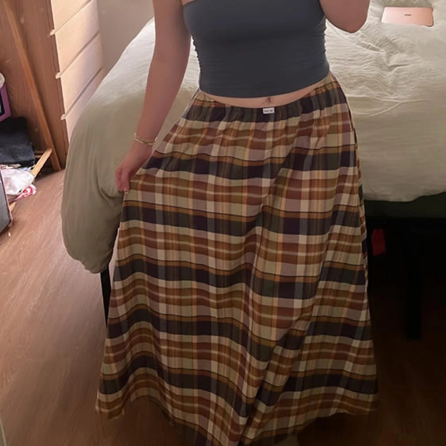 Gingham Ruffle Plaid Midi Skirt