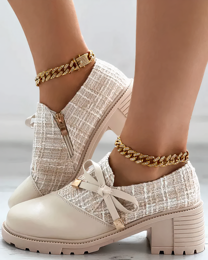 Women's Tweed Block Heel Loafers – Elegant Textured Dress Shoes