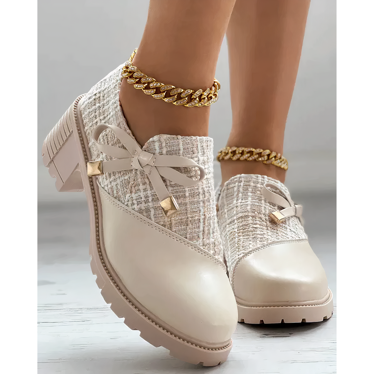 Women's Tweed Block Heel Loafers – Elegant Textured Dress Shoes