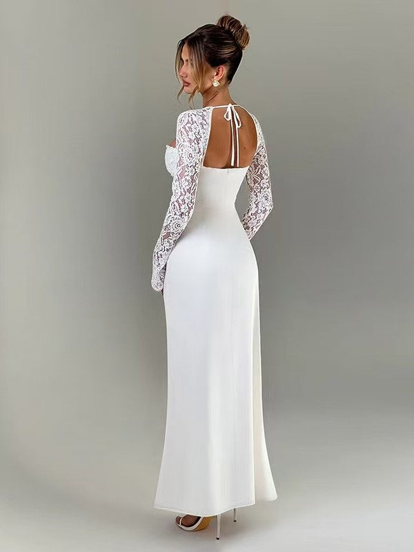 White Maxi Dress With High-slit Lace Long Sleeve Sexy Bodycon Long Dress For Women 2026