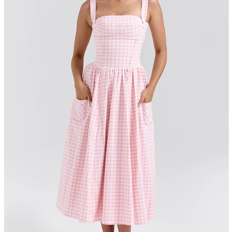 Sexy Sleeveless Plaid Fit and Flare Maxi Dress
