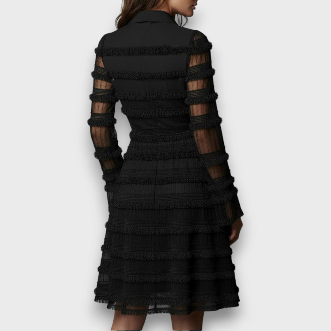 Women's Ruched V-Neck Midi Dress – Elegant Long Sleeve Black Evening Dress