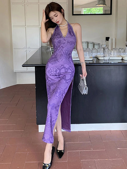 Animal Print Halterneck Backless Split Maxi Dress