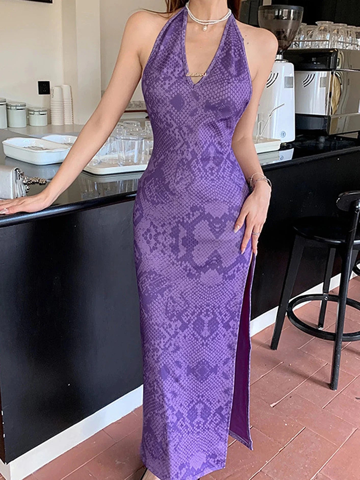 Animal Print Halterneck Backless Split Maxi Dress