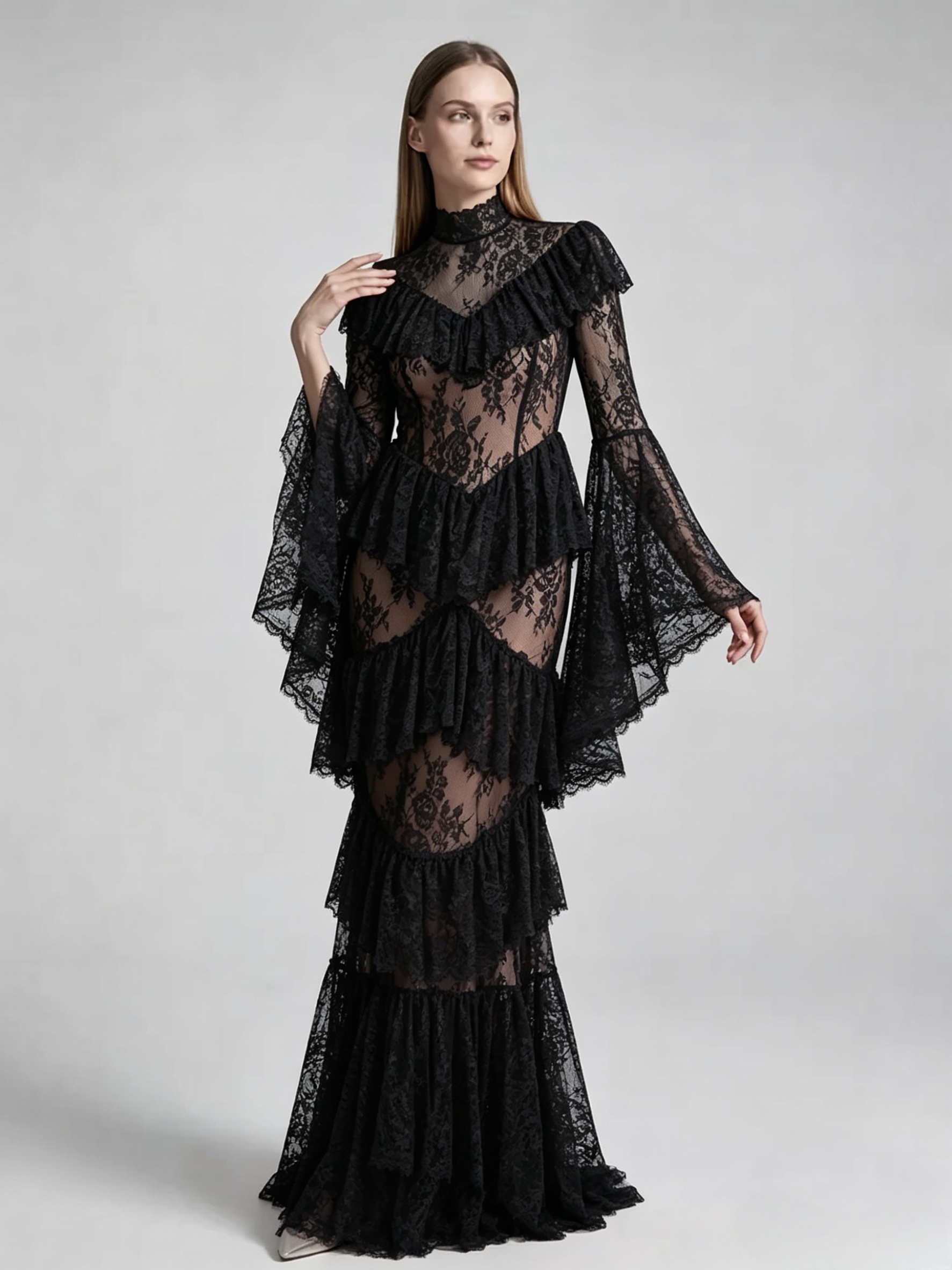 Party Dress Maxi White Stand Collar Lace Long Sleeves Shaping Flared Sleeves Chic Semi Formal Dress
