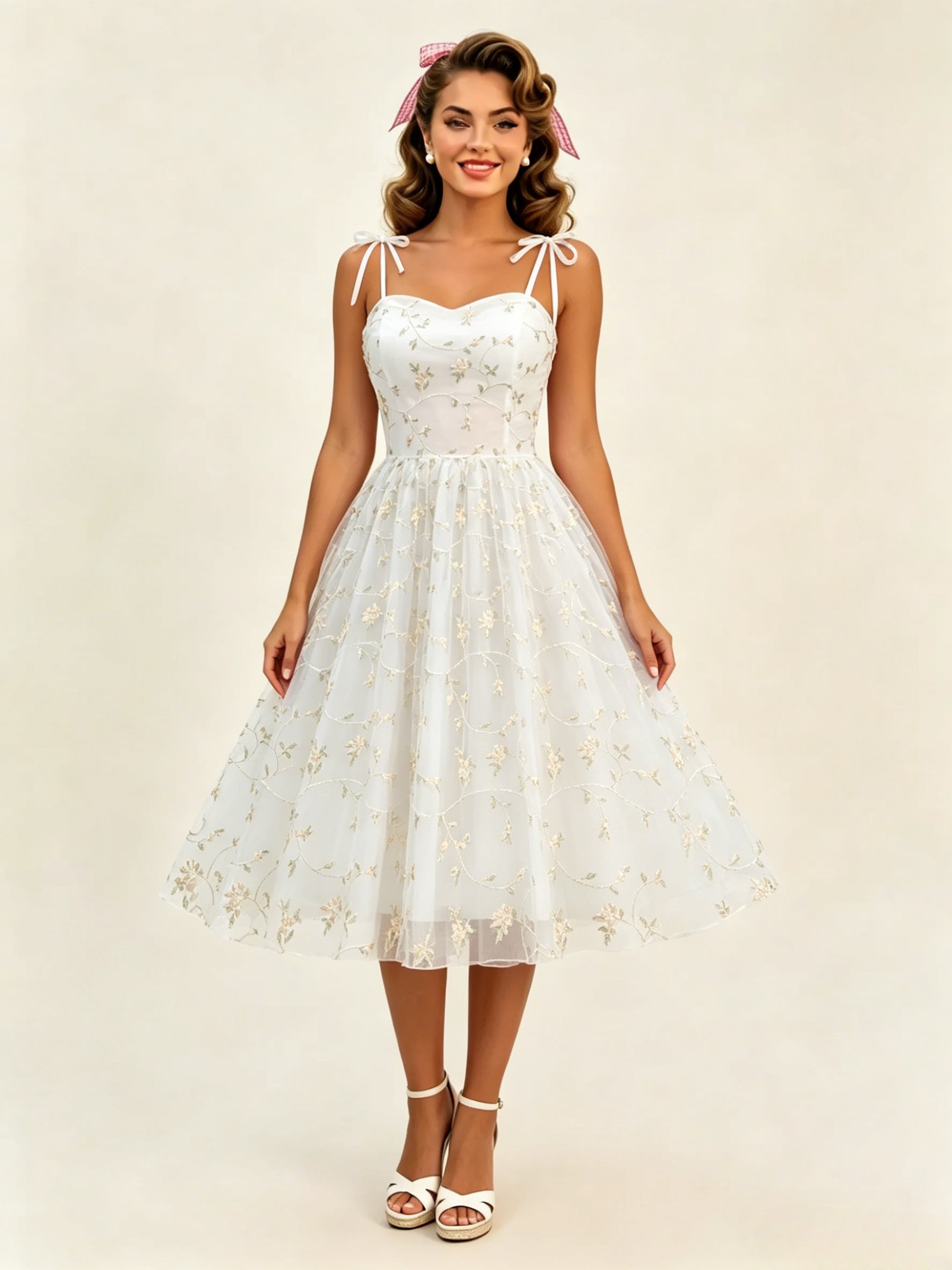 Vintage 1950s Floral Prom Dress For Women - Embroidery Mesh Tie-Shoulder A-Line Swing Midi Dress - Summer Cocktail 2026