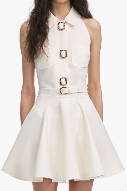 Yailin Linen Sleeveless Belted Flared Mini Dress