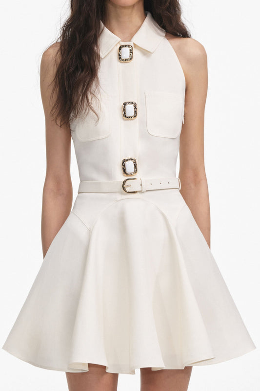Yailin Linen Sleeveless Belted Flared Mini Dress