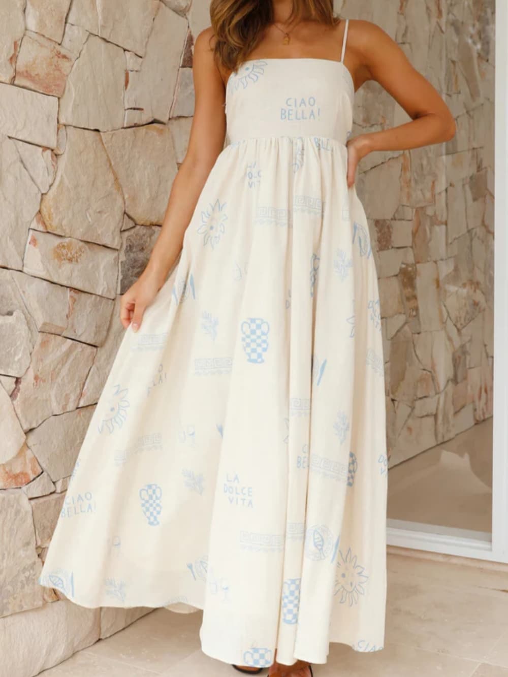 Spaghetti Strap Square Neck Graphic Print A Line Maxi Dress