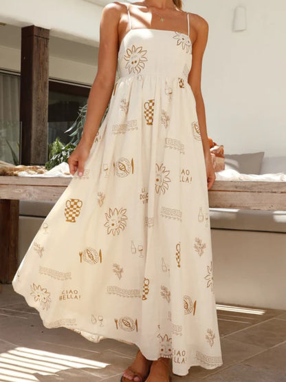 Spaghetti Strap Square Neck Graphic Print A Line Maxi Dress