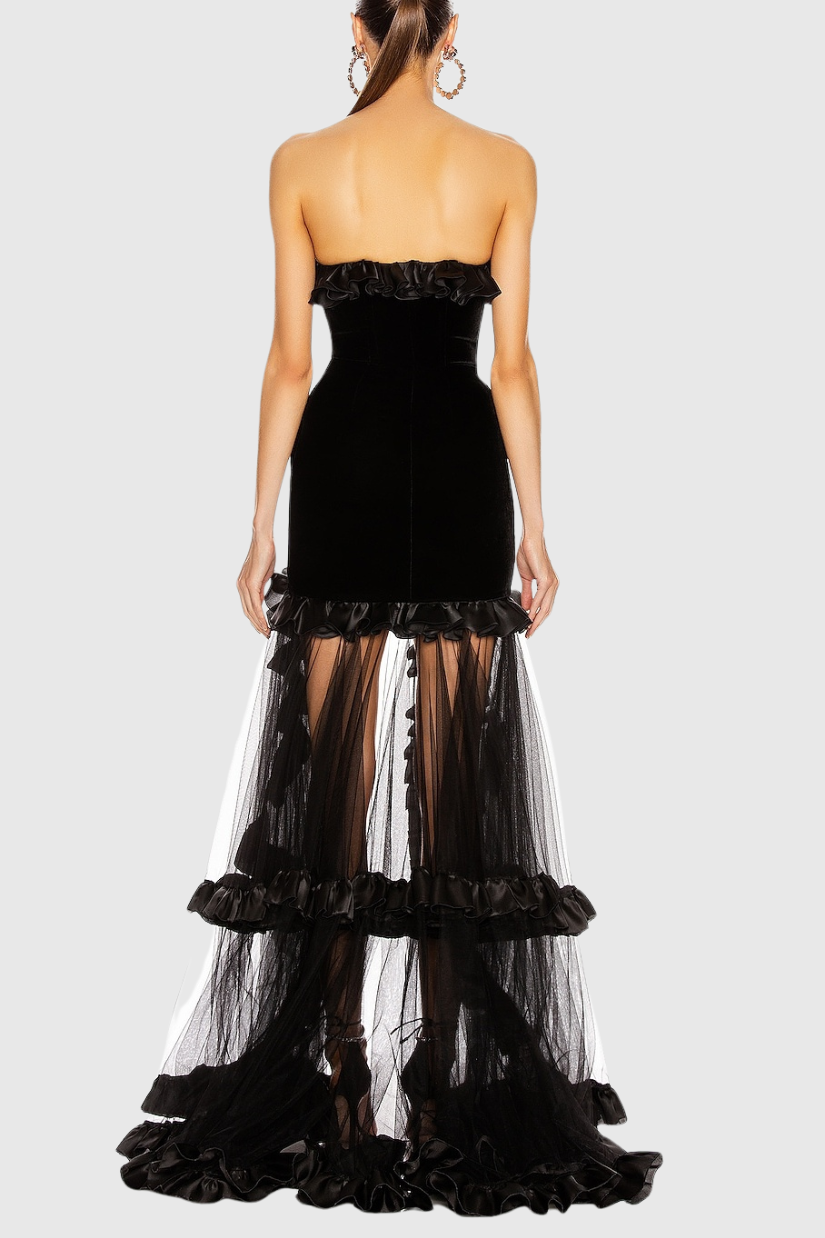 Yalie Ruffle Strapless Mesh Maxi Dress