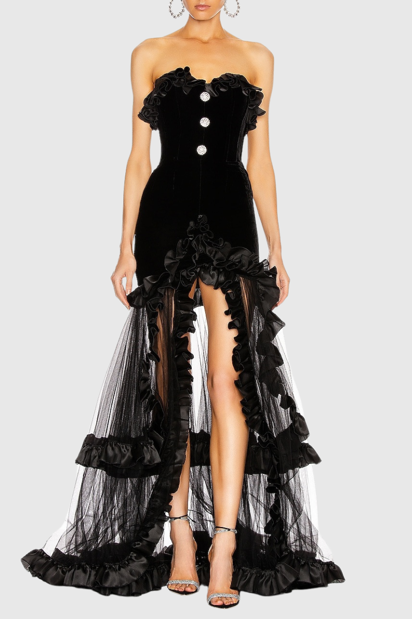 Yalie Ruffle Strapless Mesh Maxi Dress