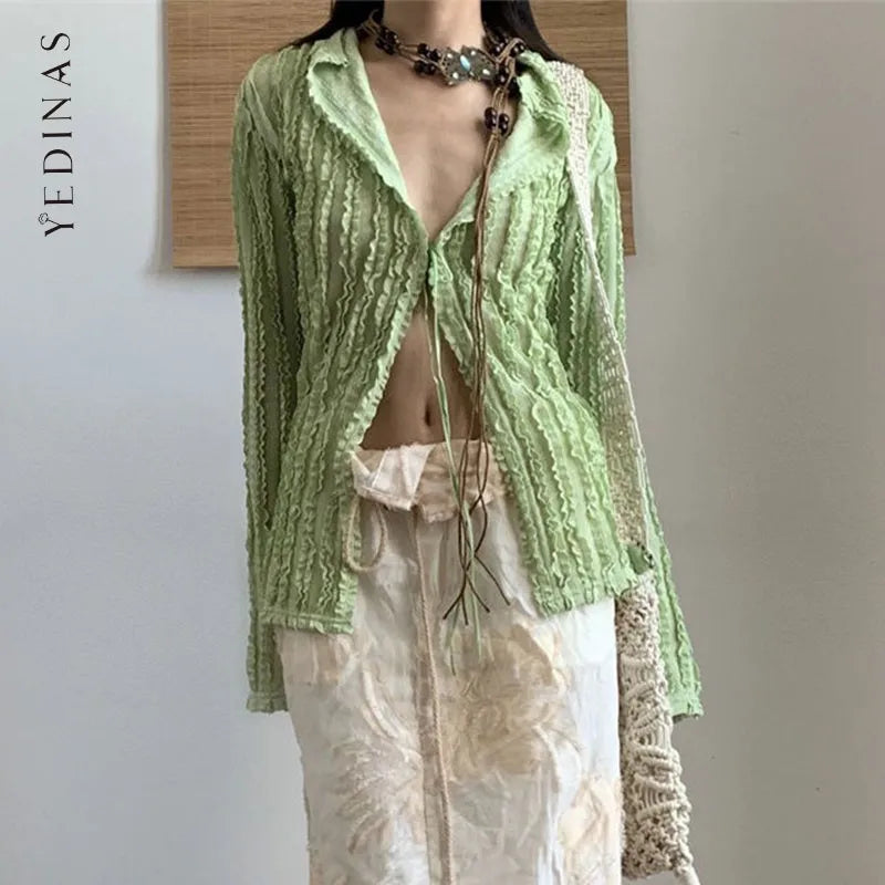 Green Vintage Long Sleeve Blouse